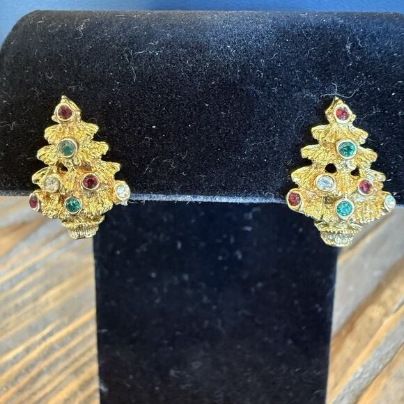 Vintage Christmas Tree Pierced Earrings With Rhinestones Gold Tone - Picture 2 of 7